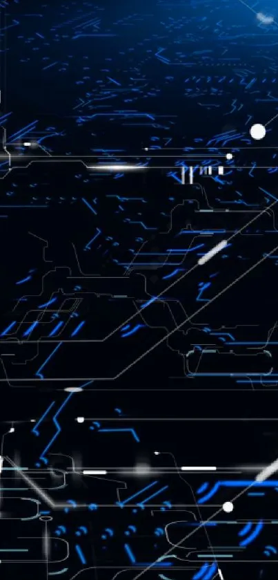 Futuristic circuit design with blue lines on a dark background.