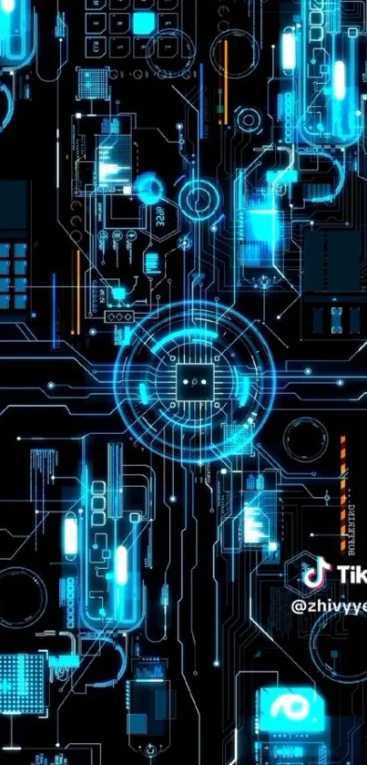 Futuristic neon blue circuit design wallpaper.