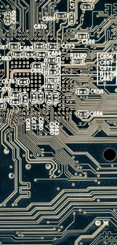 Futuristic circuit board design wallpaper with dark green tones.