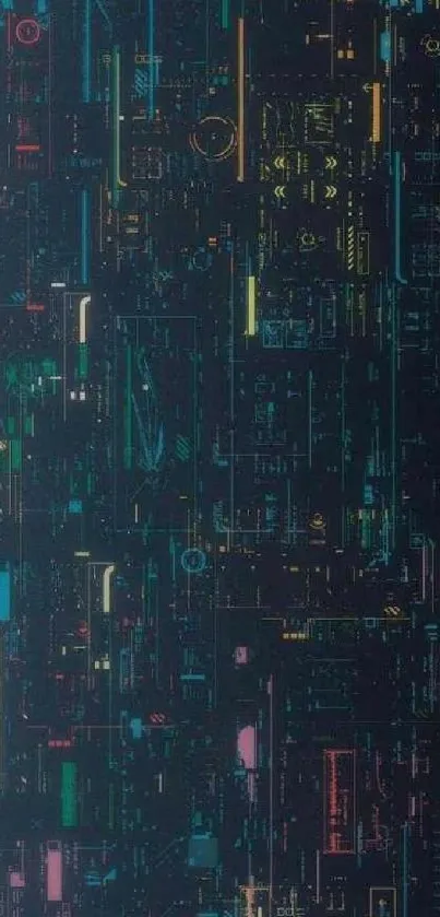 Futuristic circuit board wallpaper with vibrant neon lights in dark tones.