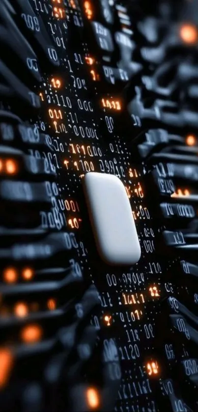 Futuristic circuit board with glowing lights and binary codes.