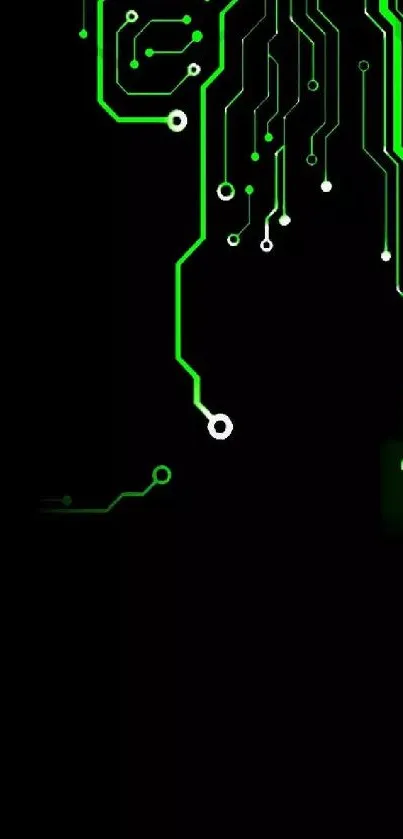 Futuristic circuit design with neon green lines on black.