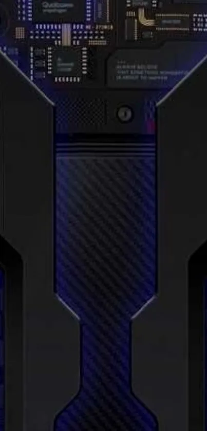 Futuristic circuitry design in dark blue tones.