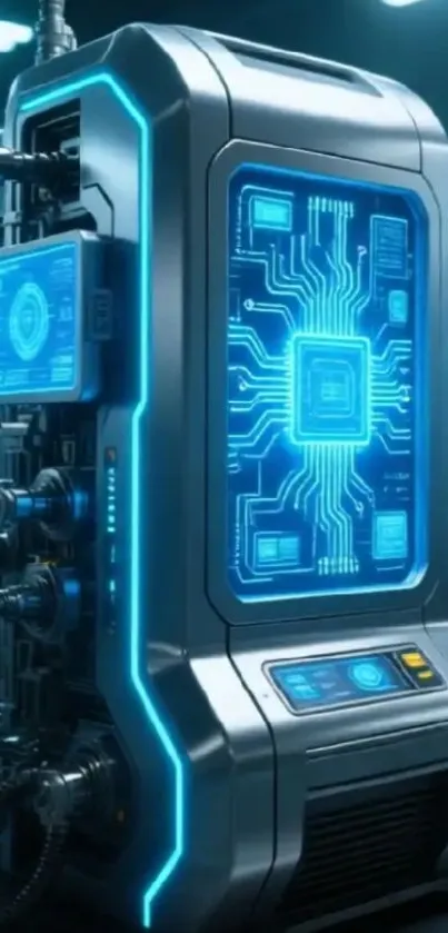 Futuristic machine with glowing circuitry on display.