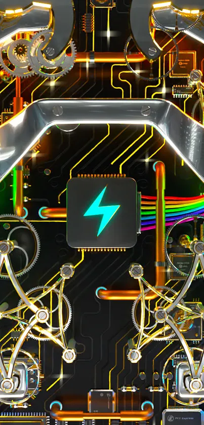 Futuristic circuitry wallpaper with neon glowing chip and mechanical design.