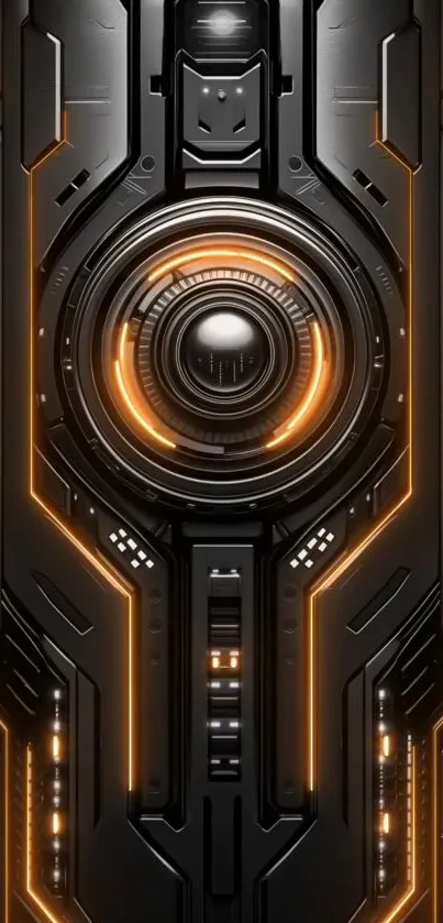 Futuristic mobile wallpaper with orange glow and circuitry design.