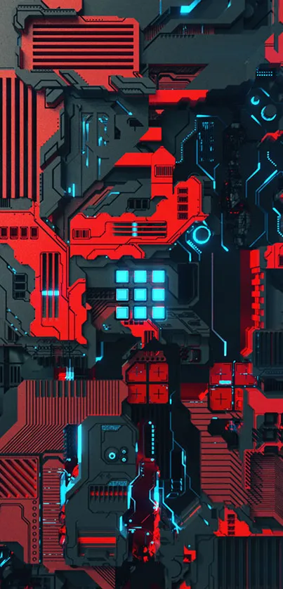 Futuristic red and blue circuitry wallpaper design.