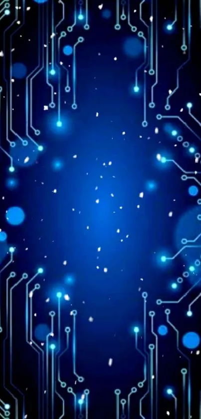 Futuristic blue circuitry wallpaper with glowing circuits and digital design.