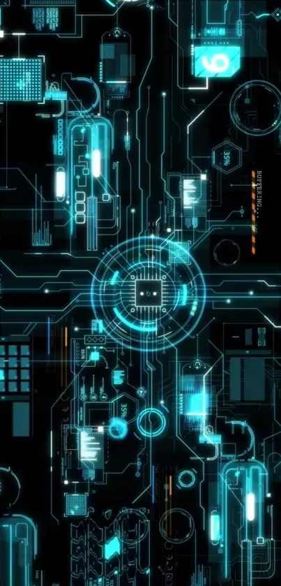 Futuristic circuit board wallpaper with neon blue glow.