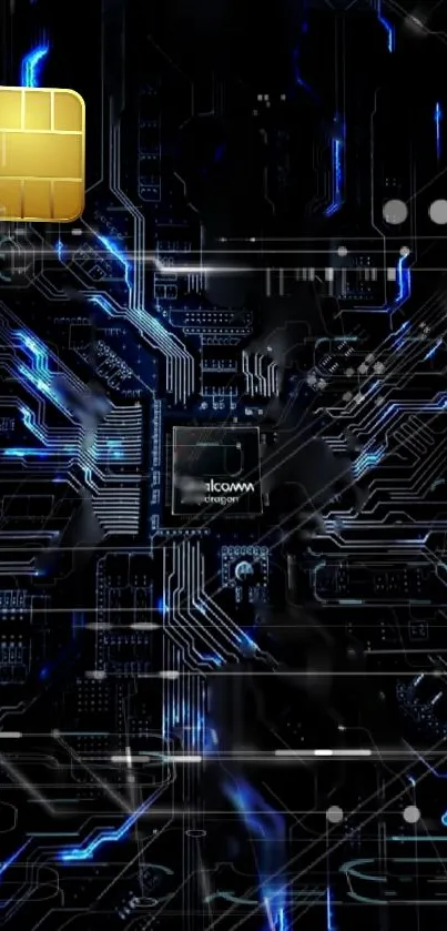 Futuristic circuitry wallpaper with blue and gold glow.