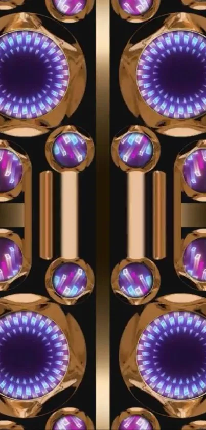Futuristic wallpaper with copper and purple circular patterns.