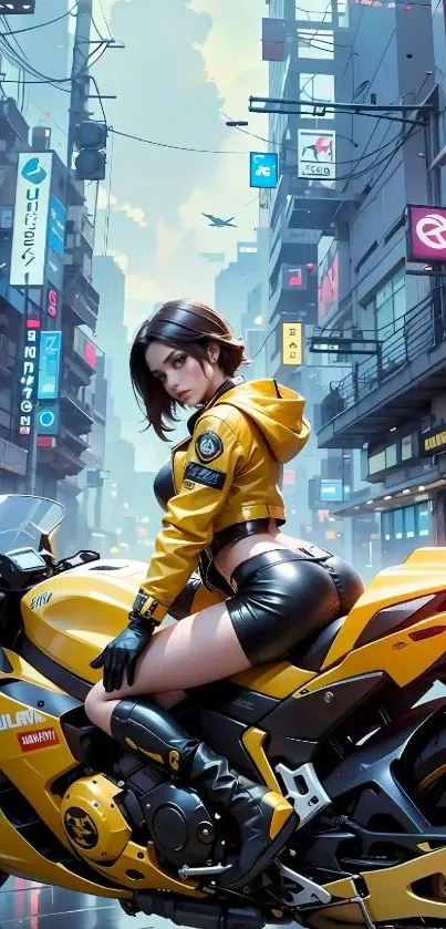 Biker in a futuristic neon-lit cityscape.