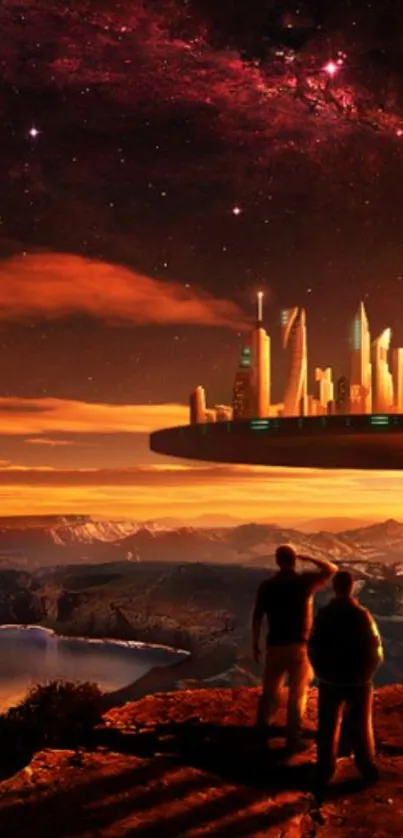 Sci-fi city floating above canyon landscape at sunset.