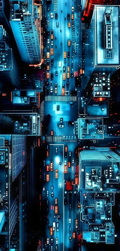 Aerial view of a futuristic city with neon lights.