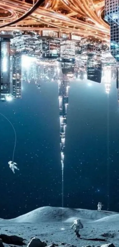 Surreal upside-down cityscape with astronauts in space.