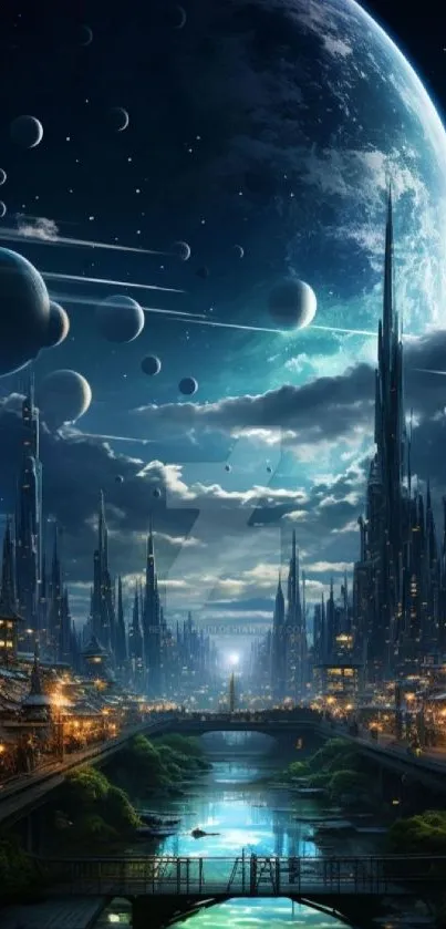 Futuristic city under a starry sky with planets.