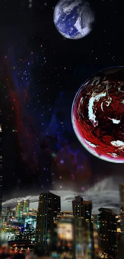 Futuristic city with cosmic sky backdrop.