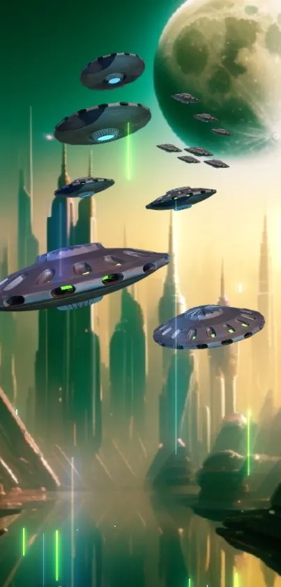 Futuristic city with UFOs hovering under a moonlit sky.