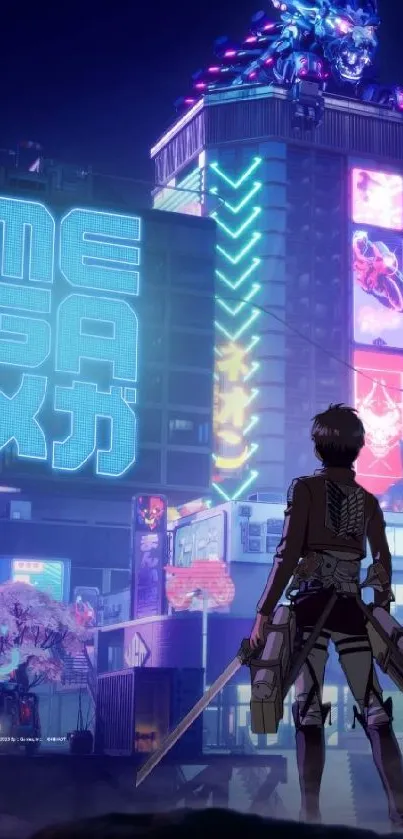 Anime character in neon-lit futuristic cityscape.