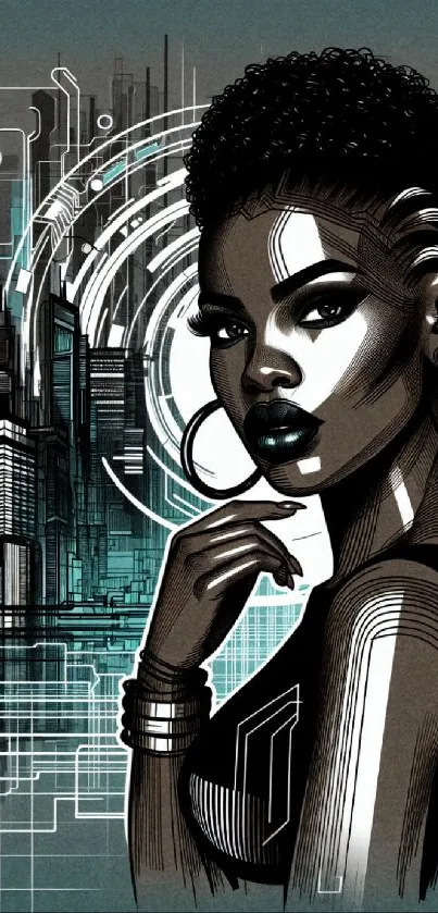 Futuristic city artwork with a stylish figure in teal tones.