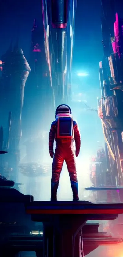 Astronaut in a vibrant, futuristic cityscape with neon lights.