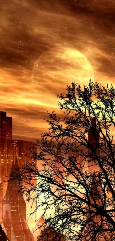 Futuristic cityscape with orange sunset and tree silhouette.