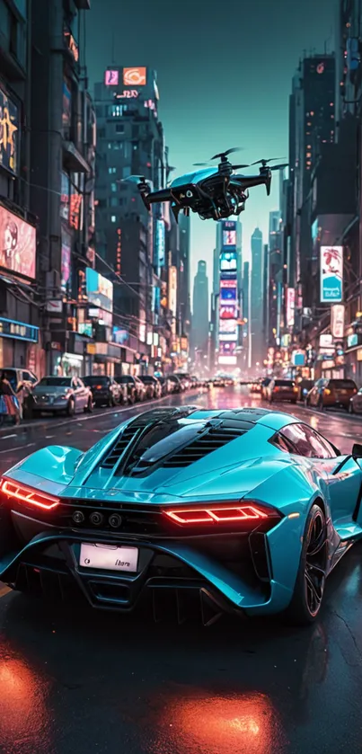 Vibrant cityscape with a sports car and a drone hovering above.