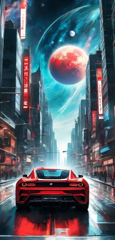 Futuristic city street with a red car and galaxy sky.