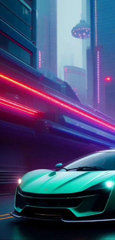 Futuristic cityscape with sleek green sports car under neon lights.