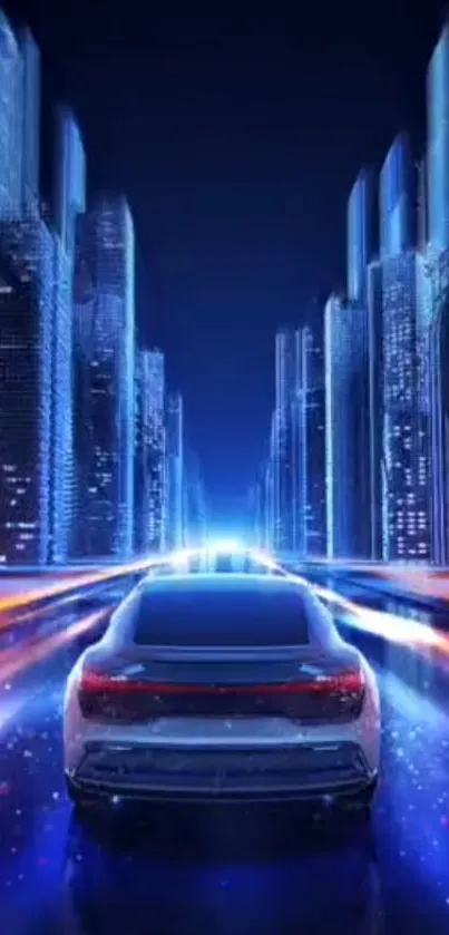 Futuristic car driving into neon cityscape at night.