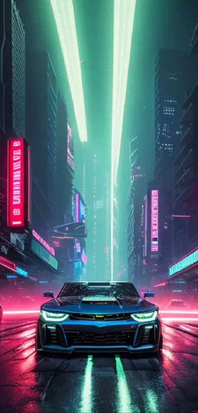 Futuristic cityscape with neon lights and a sleek car on a rainy street.