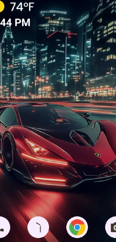 Red sports car speeds through a vibrant cityscape at night.