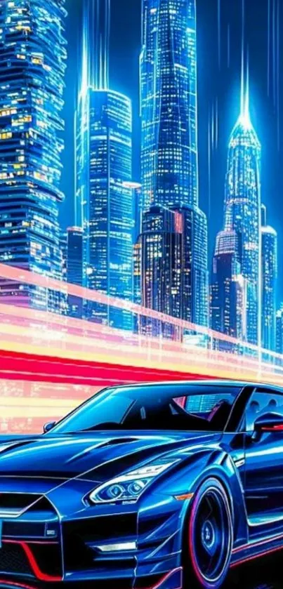 Futuristic neon-lit cityscape with sleek car.