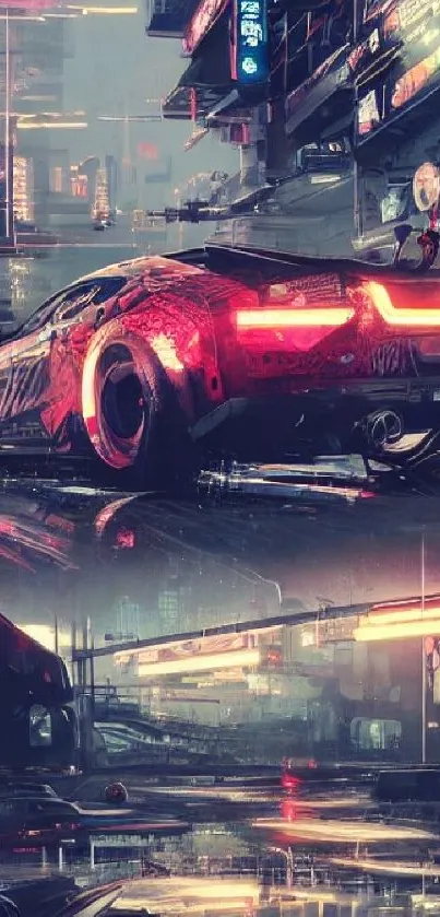 Futuristic sports car in neon-lit cityscape with cyberpunk vibes.