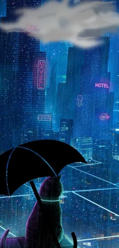 A cat under an umbrella in a futuristic rainy city at night.