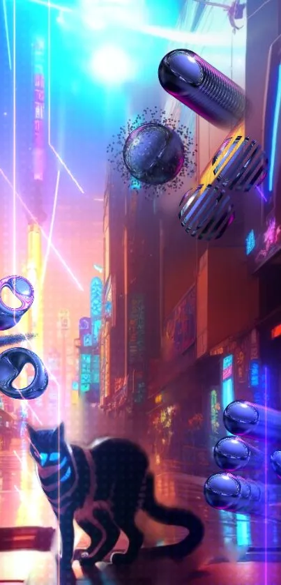 Cyber cat explores a neon-lit futuristic cityscape.