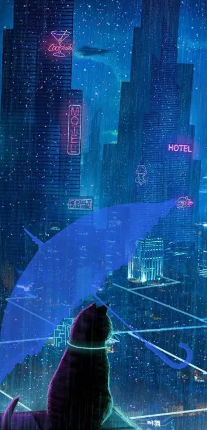 Cat with umbrella in neon futuristic cityscape.