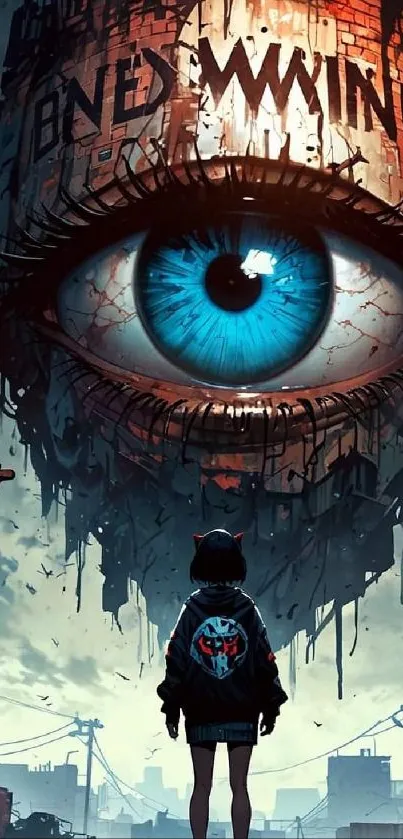 Surreal scene with a giant blue eye mural in a futuristic cityscape.