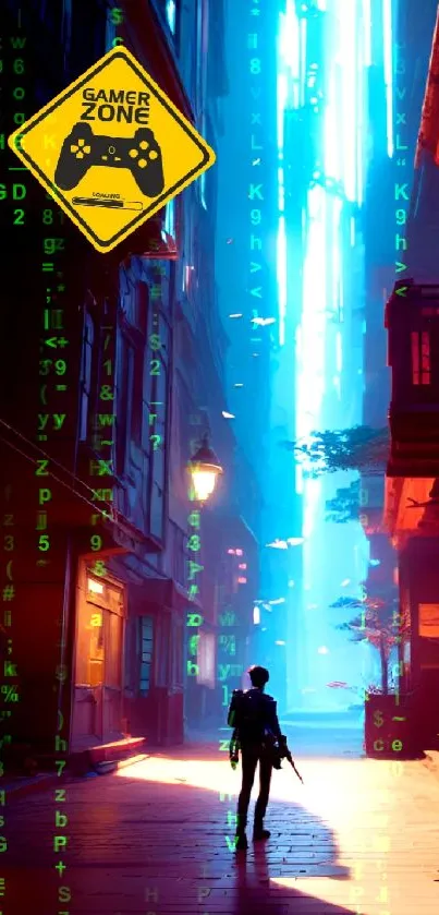 Futuristic neon-lit city with a gamer silhouette.