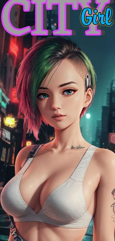 Vibrant anime city girl in urban setting wallpaper.