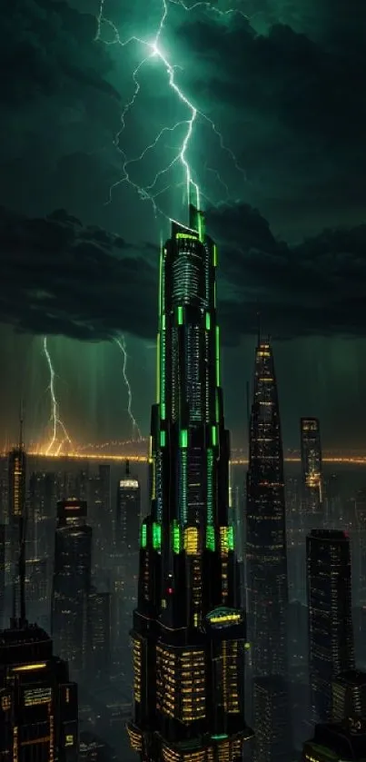 Futuristic city tower illuminated by neon green with lightning in the night sky.