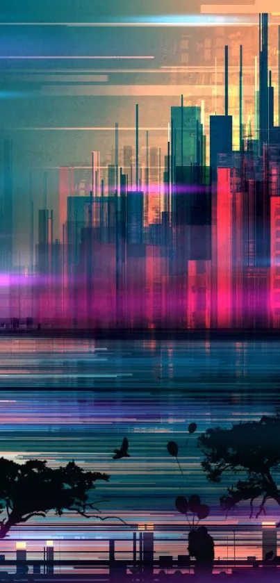 Futuristic cityscape with neon colors and silhouette skyline.