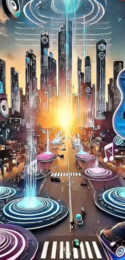 Futuristic city with musical elements and vibrant colors.