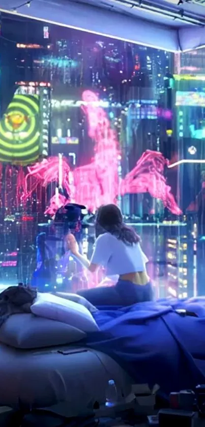 Futuristic cityscape with neon lights and vibrant colors, viewed from a cozy bedroom.