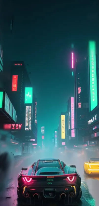 Futuristic neon-lit urban landscape with racing cars.