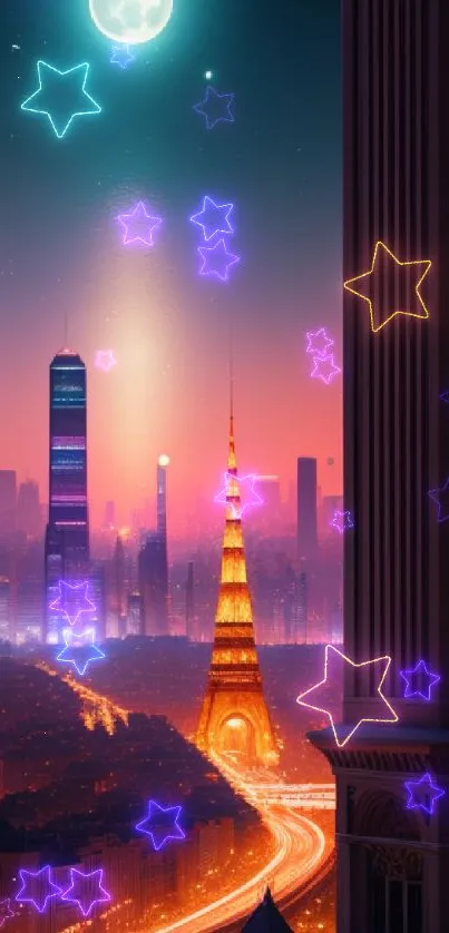 Futuristic city nightscape with a glowing, vibrant skyline and towering structures.