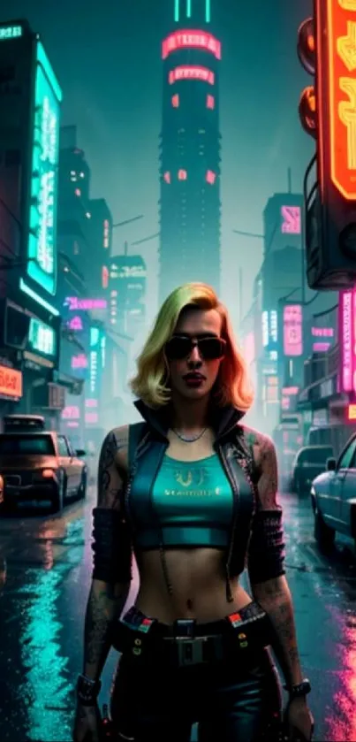 Futuristic city with neon lights and a central character at night.