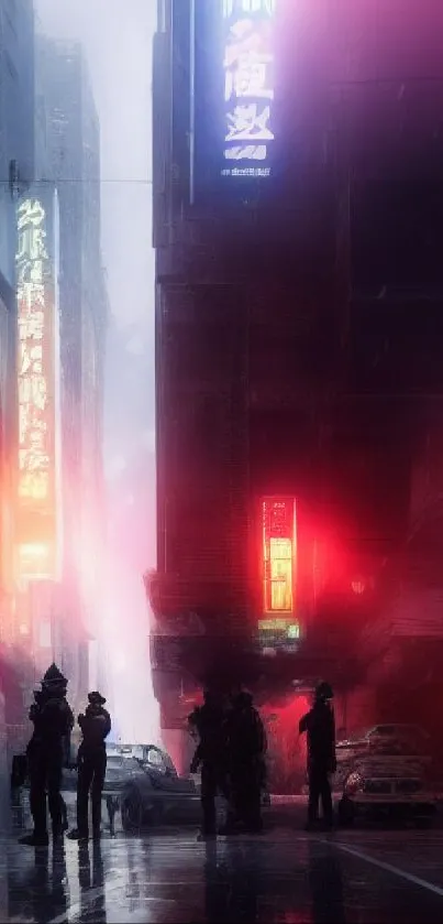 Cyberpunk cityscape with neon lights and rain in a futuristic setting.