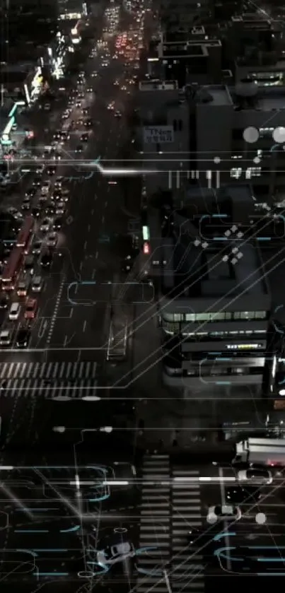 Futuristic city at night with digital overlays and glowing street lights.