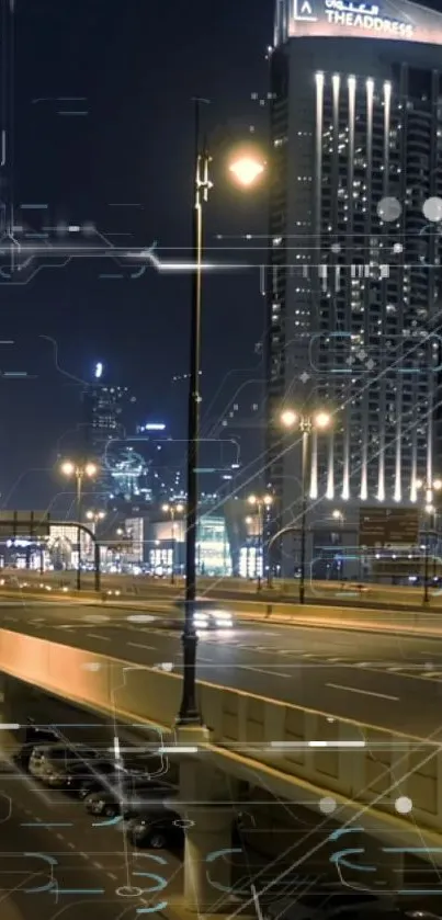 Futuristic skyscrapers and road at night with digital overlays.